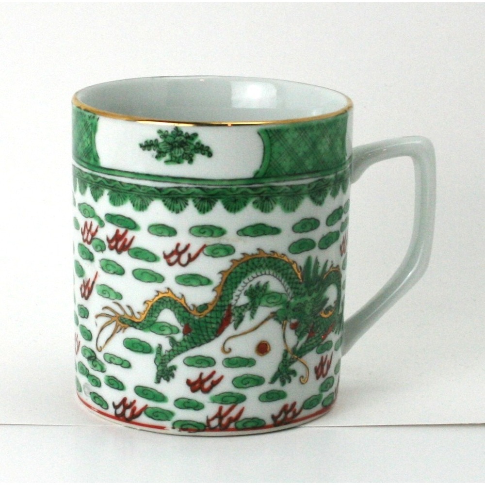 Vintage Chinese Porcelain Green Dragon Coffee Mug Gold Rim Chinoiserie Tea Cup